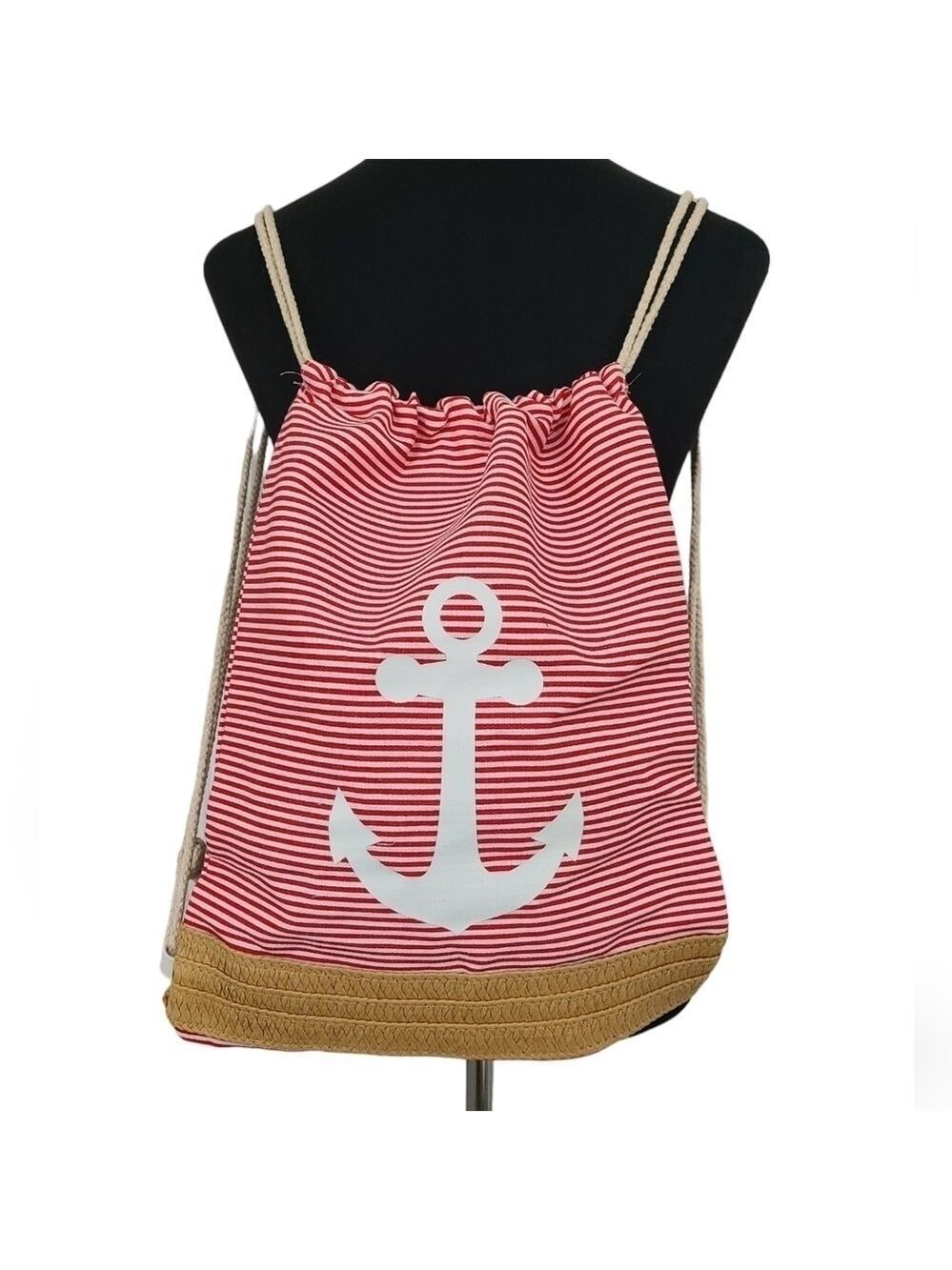 Trïbe Canvas & Rattan Nautical Red & White Striped Drawstring Backpack …